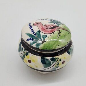 Mexican Hand Painted Ceramic Trinket Box Round With Floral & Red Bird 3" Diamete